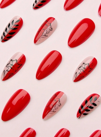 Beautiful Set - 24pcs Long Almond Bright Red and Leaf Print Design Fake Press on Nail