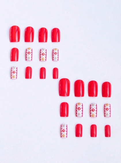 Beautiful Set - 24pcs Medium Square Ethno / Ethnic Red Colored Design Fake Press on Nail