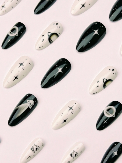 Beautiful Set - 24pcs Long Almond Glossy Star Planet Black and White Gradient Design Fake Press on Nail