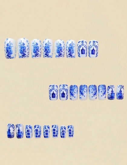 Beautiful Set - 24pcs Medium Square White and Blue Color Chine Porcelain Fantastic Design Fake Press on Nail