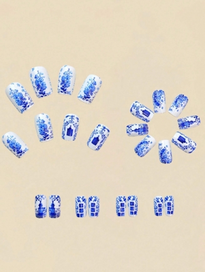 Beautiful Set - 24pcs Medium Square White and Blue Color Chine Porcelain Fantastic Design Fake Press on Nail