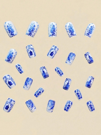 Beautiful Set - 24pcs Medium Square White and Blue Color Chine Porcelain Fantastic Design Fake Press on Nail