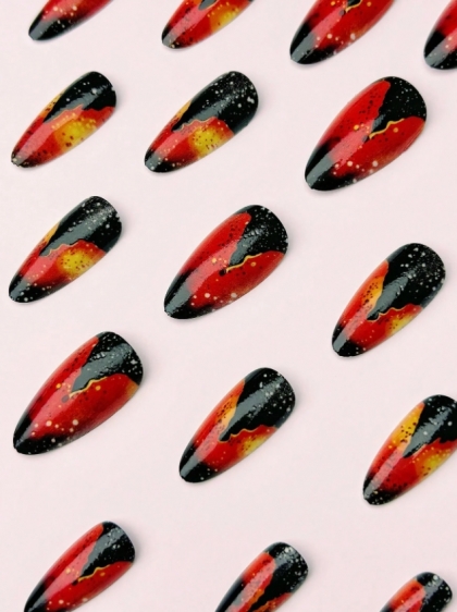 Beautiful Set - 24pcs Long Almond Lava Volcano Fire Red Amazing Fantasy Design Fake Press on Nail