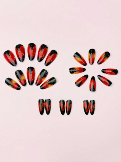Beautiful Set - 24pcs Long Almond Lava Volcano Fire Red Amazing Fantasy Design Fake Press on Nail
