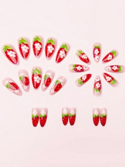 Beautiful Set - 24pcs Medium Length Almond Style Red Glossy Flower Sweet Strawberry Cute Design Fake Press on Nail