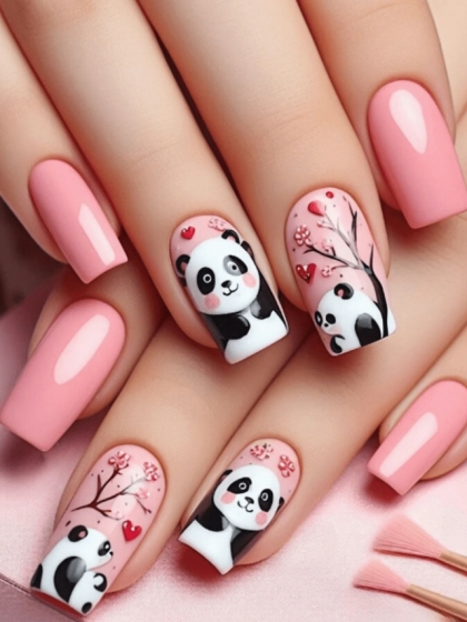 Beautiful Set - 24pcs Medium Length Square Adorable Pink Panda Heart Design Fake Press on Nail