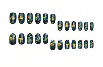Beautiful Set - 24pcs Short Oval Matte Black Base With Hand-Painted Forest Mushrooms Fantasy Design Fake Press on Nail