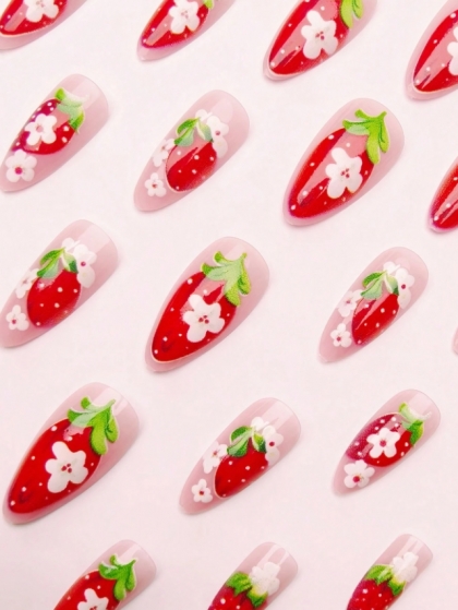 Beautiful Set - 24pcs Medium Length Almond Style Red Glossy Flower Sweet Strawberry Cute Design Fake Press on Nail