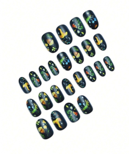 Beautiful Set - 24pcs Short Oval Matte Black Base With Hand-Painted Forest Mushrooms Fantasy Design Fake Press on Nail