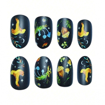 Beautiful Set - 24pcs Short Oval Matte Black Base With Hand-Painted Forest Mushrooms Fantasy Design Fake Press on Nail
