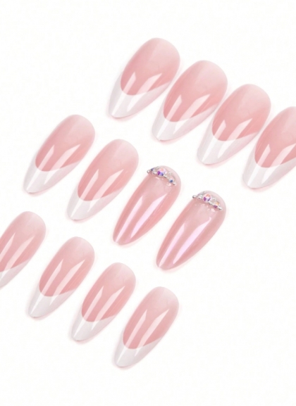Beautiful Set - 24pcs Long Almond Casual Elegant Romantic Vintage with Sparkle Rhinestone French Design Fake Press on Nail