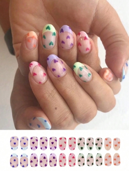 Beautiful Set - 24pcs Short Oval Cute Mini Rainbow Hearts / French Style Design Fake Press on Nail