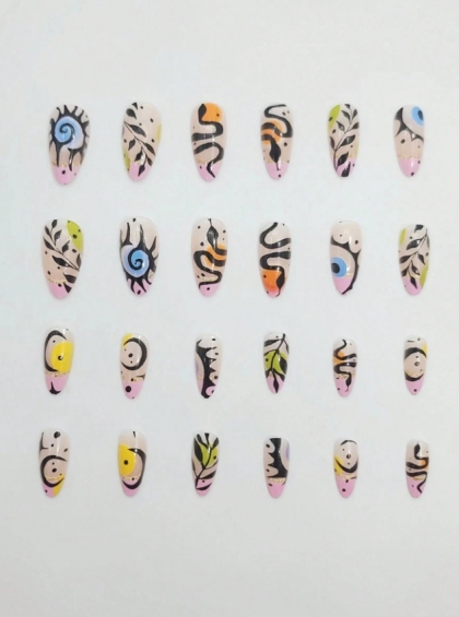 Gorgeous Set - 24pcs Water Drop Shaped Style Pink / Orange French Effect Snake / Exotic Flowers Boho Chic Artistic Design Fake Press on Nail