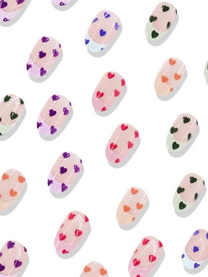 Beautiful Set - 24pcs Short Oval Cute Mini Rainbow Hearts / French Style Design Fake Press on Nail