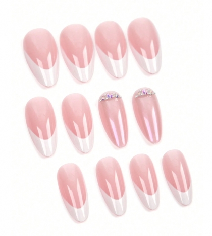 Beautiful Set - 24pcs Long Almond Casual Elegant Romantic Vintage with Sparkle Rhinestone French Design Fake Press on Nail