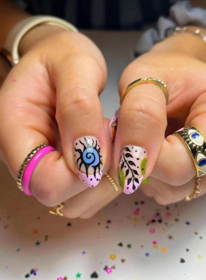 Gorgeous Set - 24pcs Water Drop Shaped Style Pink / Orange French Effect Snake / Exotic Flowers Boho Chic Artistic Design Fake Press on Nail