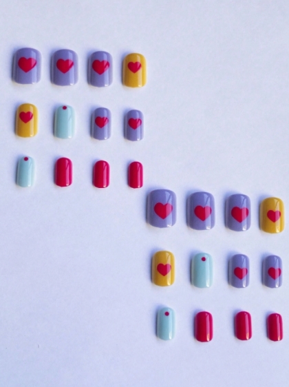 Beautiful Set - 24pcs Short Square Cute Pastel Color with Mini Red Dot and Mini Hearts Valentines Design Fake Press on Nail