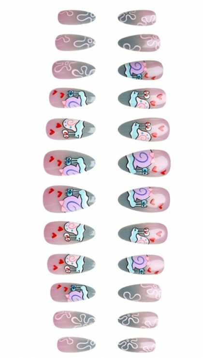 Beautiful Set - 24pcs Short Almond-Shaped Gradient Cute Snail in Love Design Fake Press on Nail