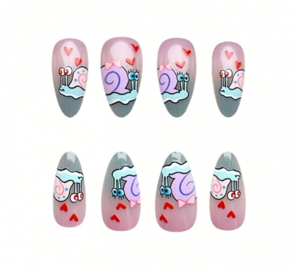 Beautiful Set - 24pcs Short Almond-Shaped Gradient Cute Snail in Love Design Fake Press on Nail