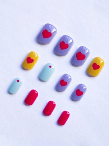 Beautiful Set - 24pcs Short Square Cute Pastel Color with Mini Red Dot and Mini Hearts Valentines Design Fake Press on Nail