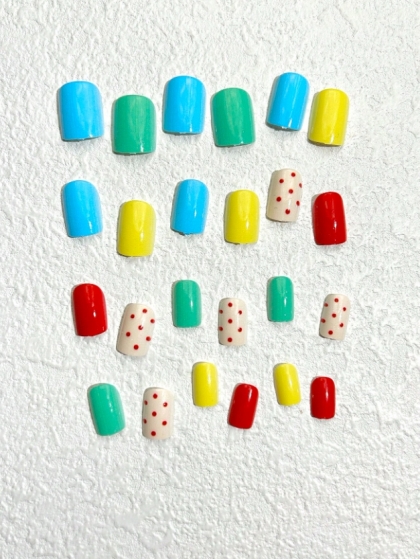 Beautiful Set - 24pcs Short Square Cute Pastel Color with Mini Polka Dot Design Fake Press on Nail