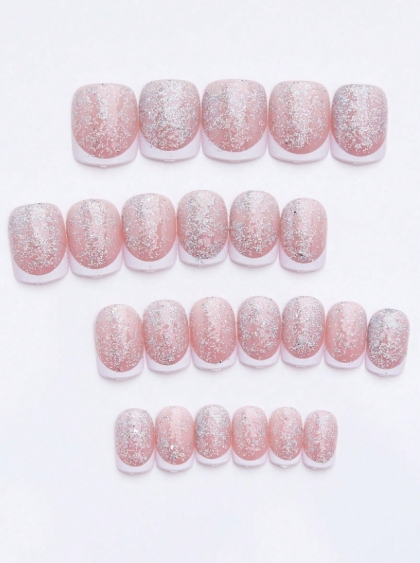 Beautiful Set - 24pcs Short Square Glitter Elegant and Stylish French Design Fake Press on Nail