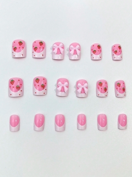 Beautiful Set - 24pcs Super Cute Short Baby Pink Color Strawberry Bow French Design Fake Press on Nail