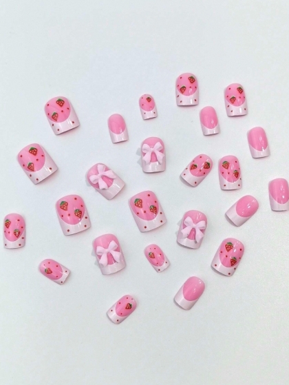 Beautiful Set - 24pcs Super Cute Short Baby Pink Color Strawberry Bow French Design Fake Press on Nail