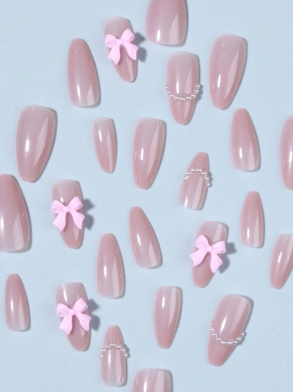 Beautiful Set - 24pcs Long Almond Sweet Nude Style with Cute Bow and Pearls Romantic Design Fake Press on Nail