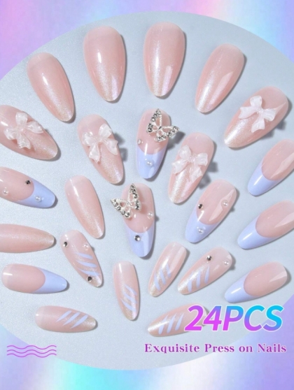 Beautiful Set - 24pcs Long Almond French Blue Style with Cute Bow / Butterfly and Sparkle Rhinestone Design Fake Press on Nail
