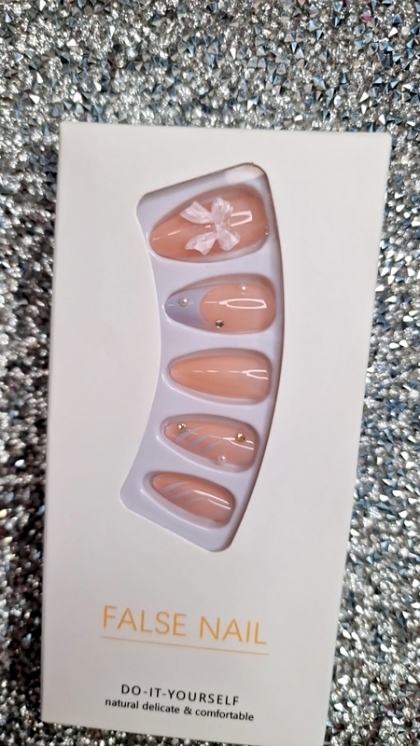 Beautiful Set - 24pcs Long Almond French Blue Style with Cute Bow / Butterfly and Sparkle Rhinestone Design Fake Press on Nail