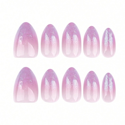 Beautiful Set - 24pcs Short Almond Gradient Glitter Effect Pink Romantic Design Fake Press on Nail