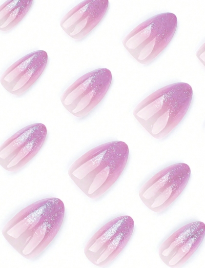 Beautiful Set - 24pcs Short Almond Gradient Glitter Effect Pink Romantic Design Fake Press on Nail