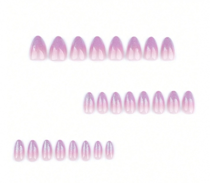 Beautiful Set - 24pcs Short Almond Gradient Glitter Effect Pink Romantic Design Fake Press on Nail