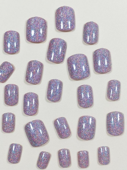Beautiful Set - 24pcs Glitter Short Oval Fake Nail Art Silver Sequin Fantasy Space Design Fake Press on Nail