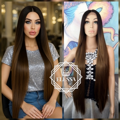 Lace Front LUXURY WIG ELESSA Дълга Омбре -Тъмно Кафяво и Светло Кафяво Цветово Преливане Луксозна Естествена Перука 100 см, Eкстра Дълга Разкошна Перука ЕЛЕСА