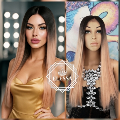 Lace Front LUXURY WIG ELESSA Дълга Дизайнерска Омбре Перука Кафяво и Праскова / Сьомга Цветово Преливане, Перука за Всеки Ден, Дамска Перука, Висококачествена Перука 