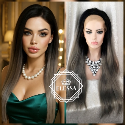 Lace Front LUXURY WIG ELESSA Дълга Омбре Перука Черно и Сиво, Ръчно Изработена Перука, Ръчно Изработени Перуки за Жени, Перука с Дантела, Натурални Перуки, Омбре Луксозни Перуки, Сиви Перуки, Черни Перуки, Естествен Растеж Перука Лукс