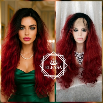 Lace Front LUXURY WIG ELESSA Дълго Бургундско Червено Омбре Перука, Дълги Къдрави Омбре Коси, Разкошна Перука, Ръчно Изработена Дантелена Перука, Косъм по Косъм, Топ Качество Перуки, Луксозни Перуки, Перуки за Жени