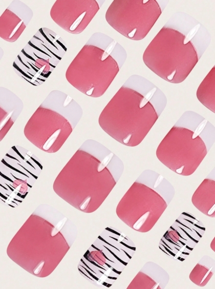 Beautiful Set - 24pcs Short Square French Style Zebra Design Fake Press on Nail