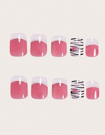 Beautiful Set - 24pcs Short Square French Style Zebra Design Fake Press on Nail