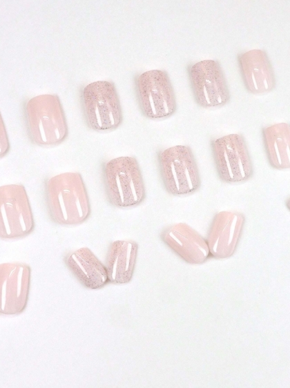 Beautiful Set - 24pcs Short Square Snow Vanilla Glitter Design Fake Press on Nail