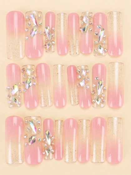Beautiful Set - 24pcs Long Coffin Sparkling Diamond Gradient Sweet And Cool French Design Fake Press on Nail
