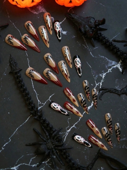 Beautiful Set - 24pcs Extra-Long Day Of The Dead Stilettos Halloween Design Fake Press on Nail