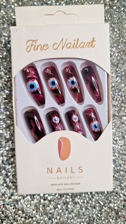 Beautiful Set - 24pcs Long Coffin Тerrifying Eyeball Funny Horror Halloween Design Fake Press on Nail