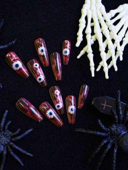 Beautiful Set - 24pcs Long Coffin Тerrifying Eyeball Funny Horror Halloween Design Fake Press on Nail