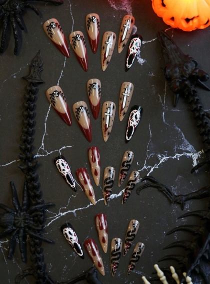 Beautiful Set - 24pcs Extra-Long Day Of The Dead Stilettos Halloween Design Fake Press on Nail