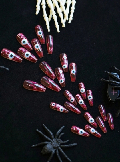 Beautiful Set - 24pcs Long Coffin Тerrifying Eyeball Funny Horror Halloween Design Fake Press on Nail