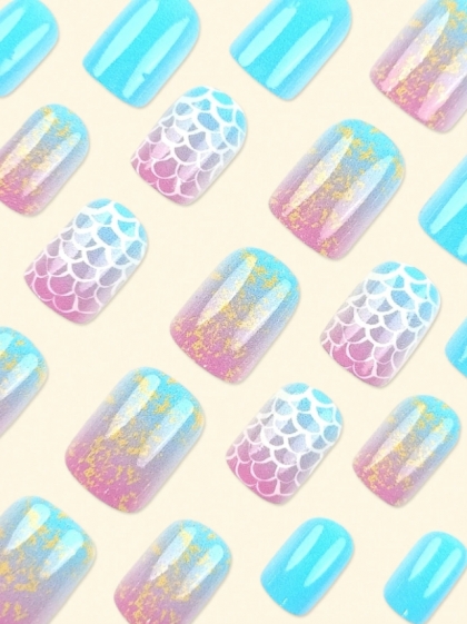 Beautiful Set - 24pcs Short Square Gradient Effect Mermaid Cute Design Fake Press on Nail