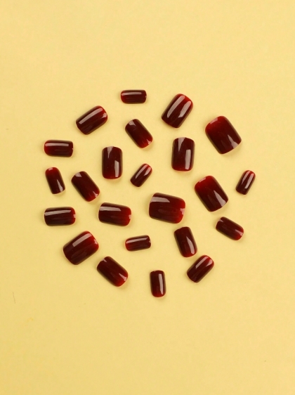 Beautiful Set - 24pcs Short Square Nails Solid Cherry Dark Burgundy Red Design Fake Press on Nail